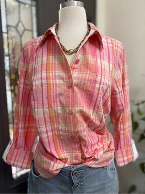 NWT CJ Banks Pink Orange Plaid Button-Down Shirt